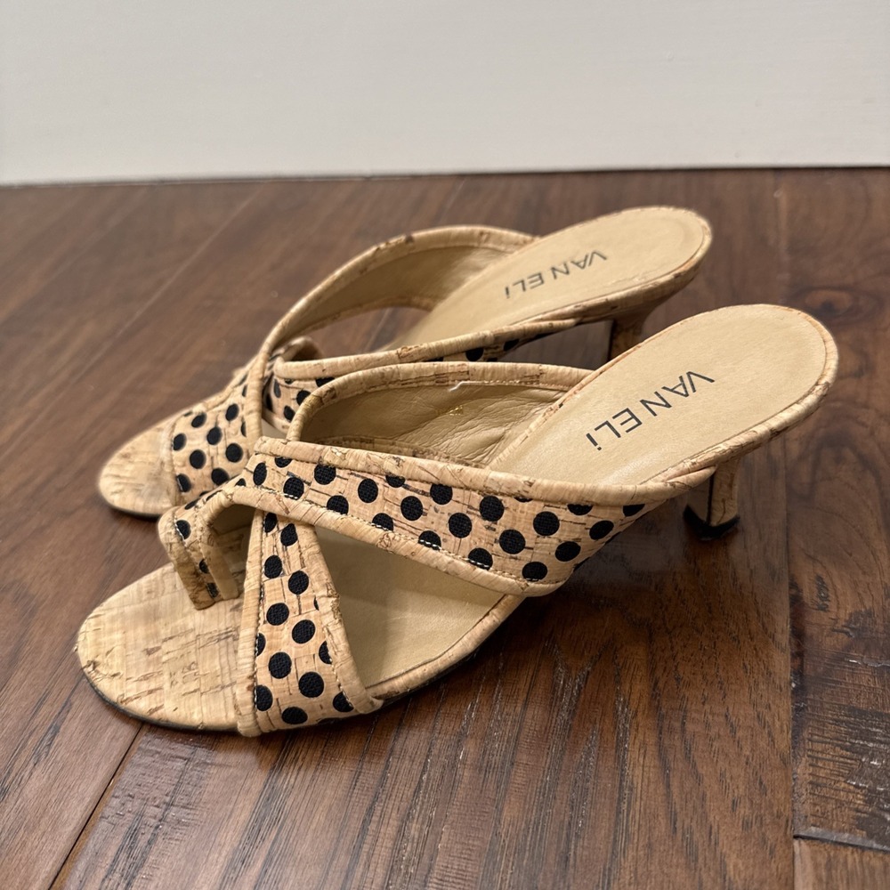 VANELI Cork Kitten Heels‎ Slip On Sandal 6.5 Neutral Polka Dot Toe Loop Leather